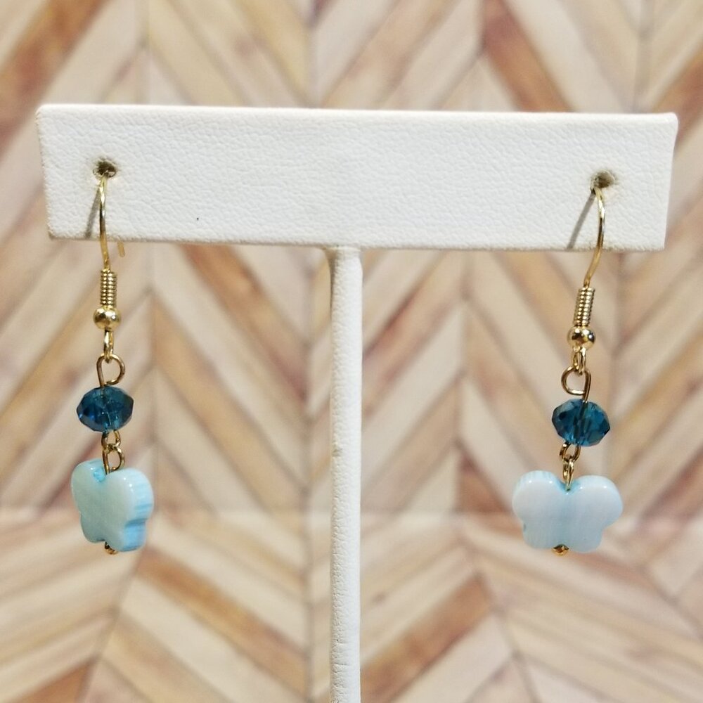 Blue Butterfly Dangling Gold Earrings
